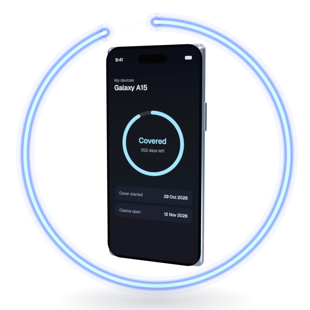 The V-DeviceCare app on a phone, showing a Galaxy A15 as Covered