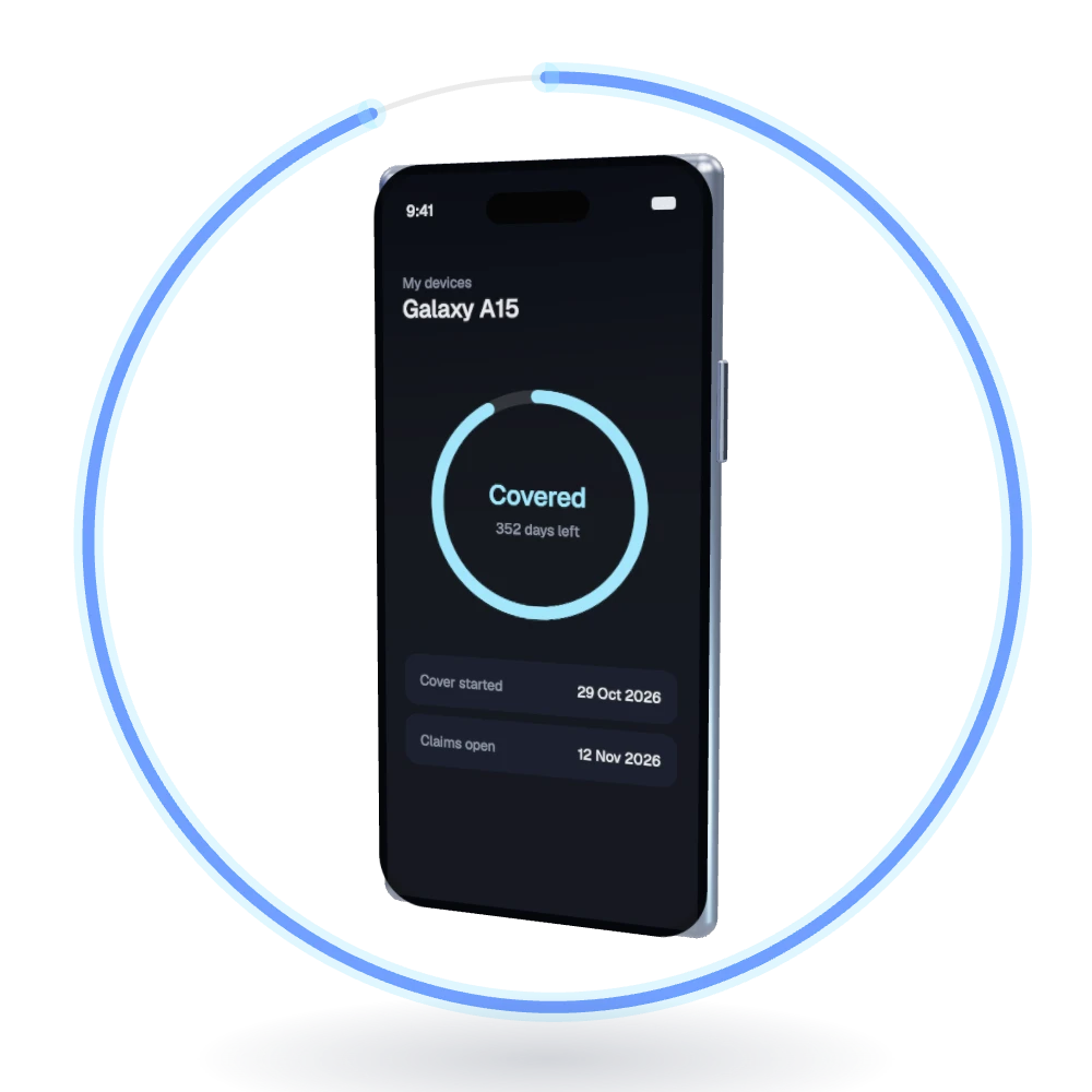 The V-DeviceCare app on a phone, showing a Galaxy A15 as Covered
